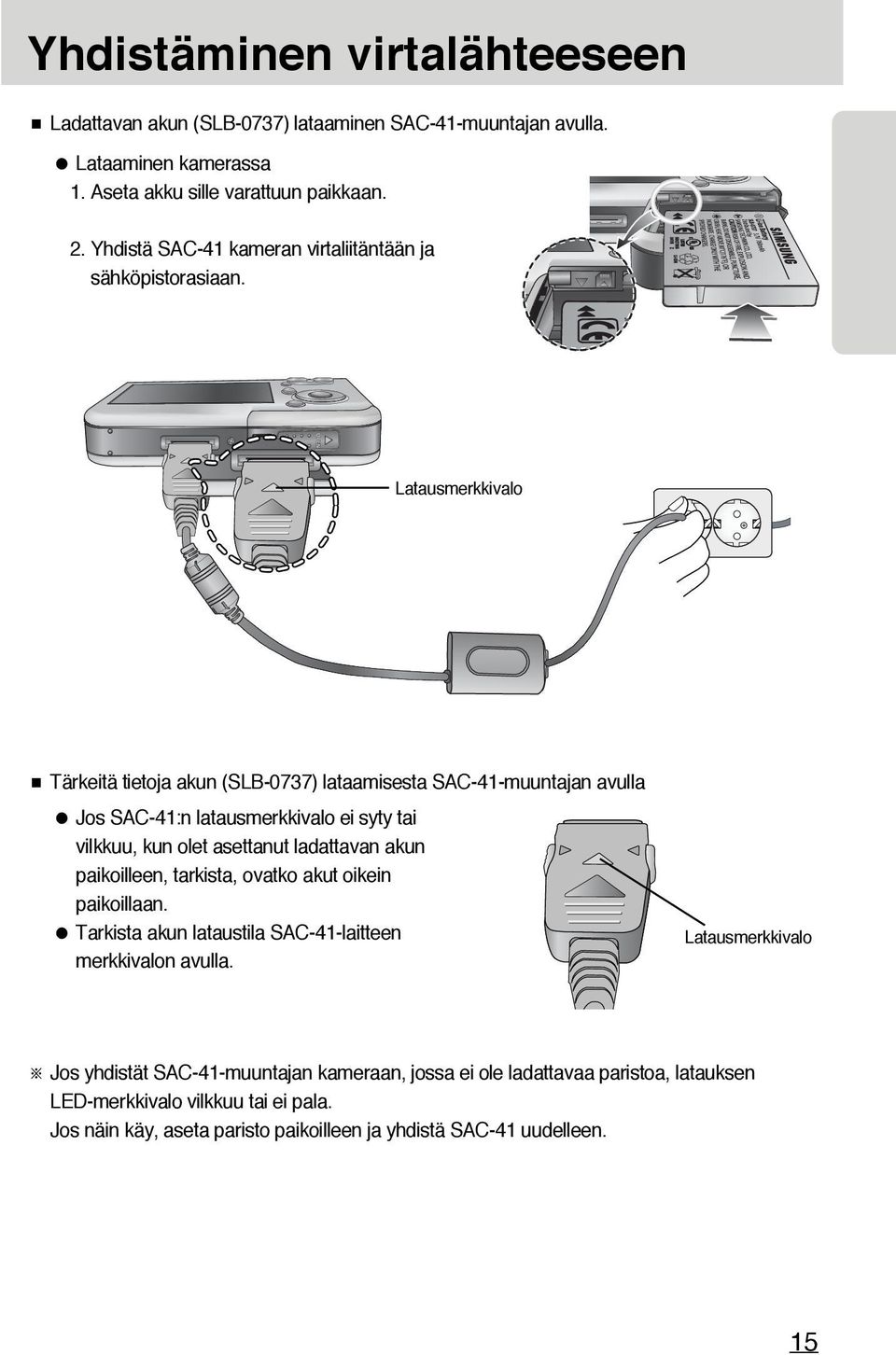 Latausmerkkivalo Tärkeitä tietoja akun (SLB-0737) lataamisesta SAC-41-muuntajan avulla Jos SAC-41:n latausmerkkivalo ei syty tai vilkkuu, kun olet asettanut ladattavan akun