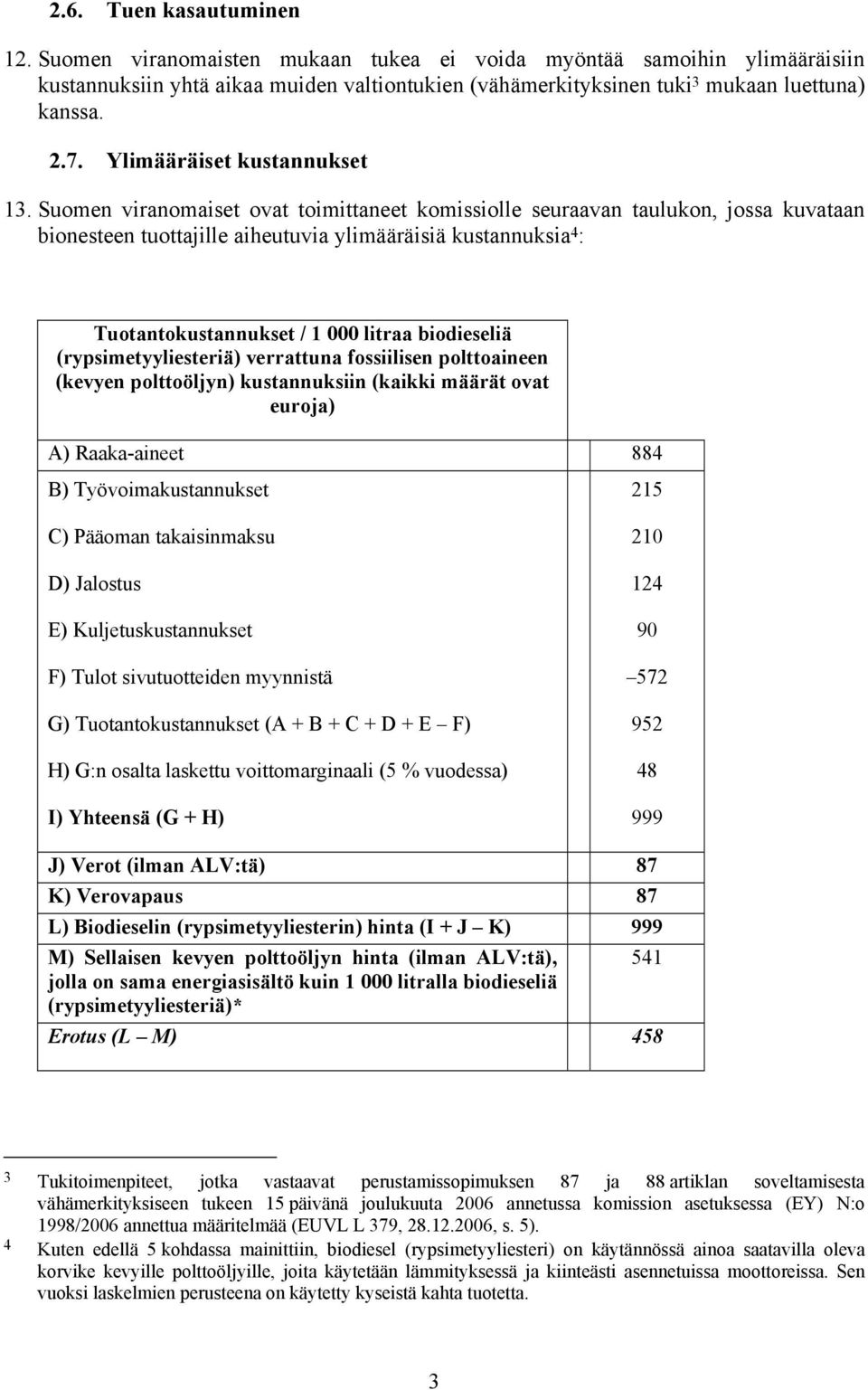 Suomen viranomaiset ovat toimittaneet komissiolle seuraavan taulukon, jossa kuvataan bionesteen tuottajille aiheutuvia ylimääräisiä kustannuksia 4 : Tuotantokustannukset / 1 000 litraa biodieseliä