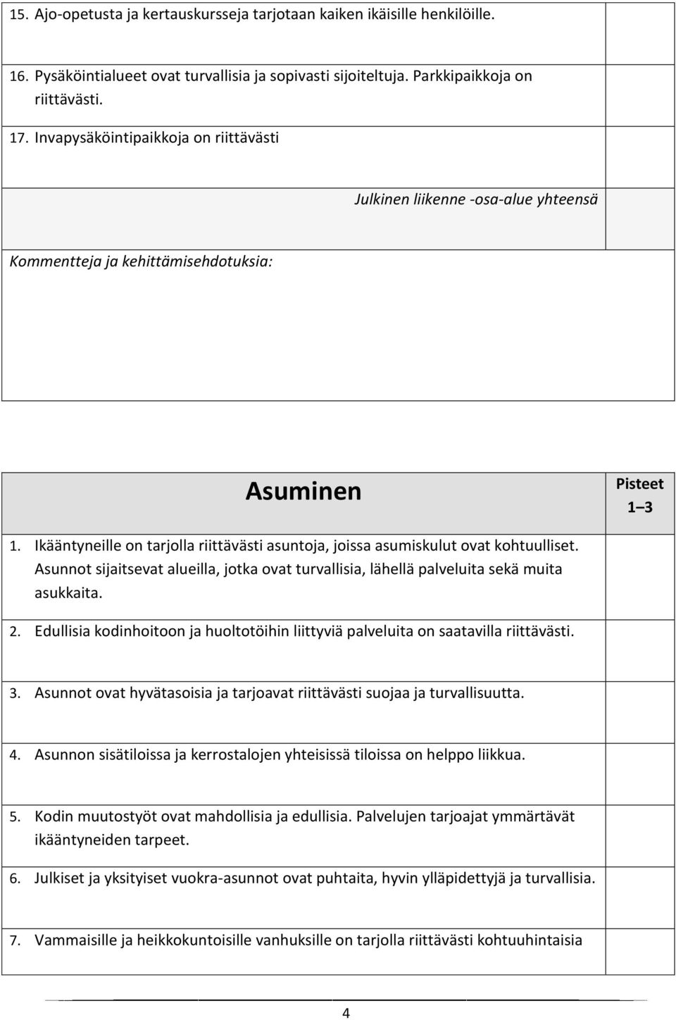 Asunnot sijaitsevat alueilla, jotka ovat turvallisia, lähellä palveluita sekä muita asukkaita. 2. Edullisia kodinhoitoon ja huoltotöihin liittyviä palveluita on saatavilla riittävästi. 3.