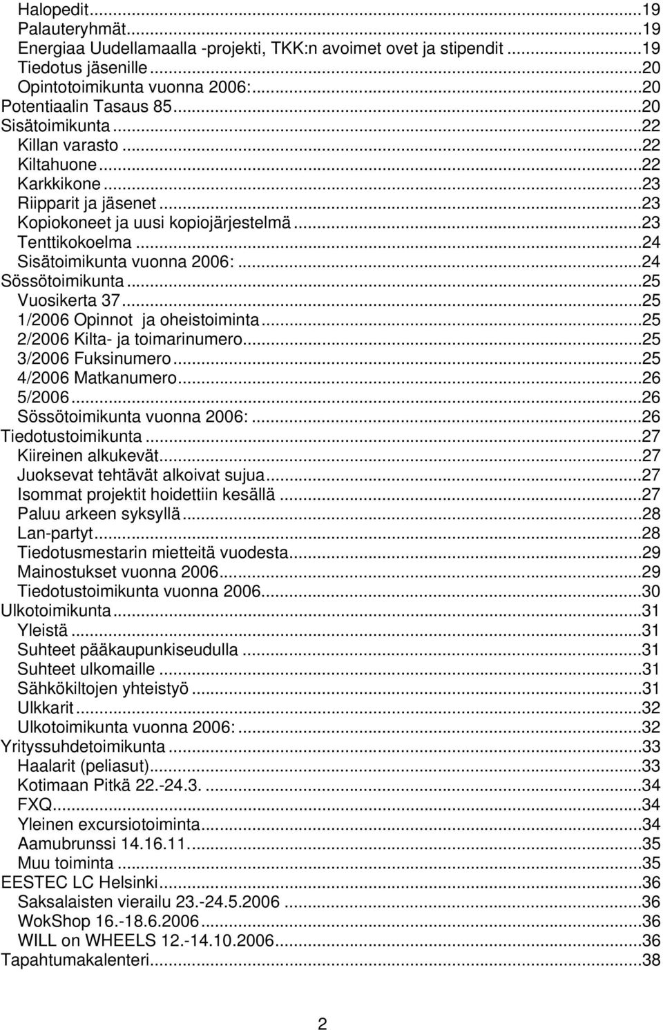 ..24 Sössötoimikunta...25 Vuosikerta 37...25 1/2006 Opinnot ja oheistoiminta...25 2/2006 Kilta- ja toimarinumero...25 3/2006 Fuksinumero...25 4/2006 Matkanumero...26 5/2006.