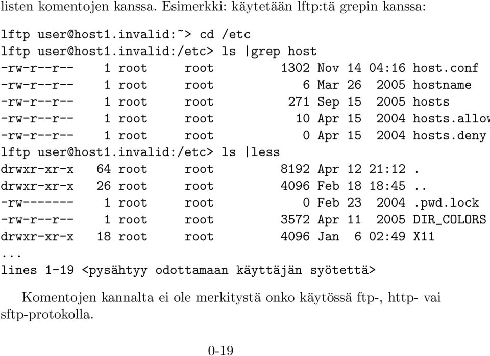 deny lftp user@host1.invalid:/etc> ls less drwxr-xr-x 64 root root 8192 Apr 12 21:12. drwxr-xr-x 26 root root 4096 Feb 18 18:45.. -rw------- 1 root root 0 Feb 23 2004.pwd.