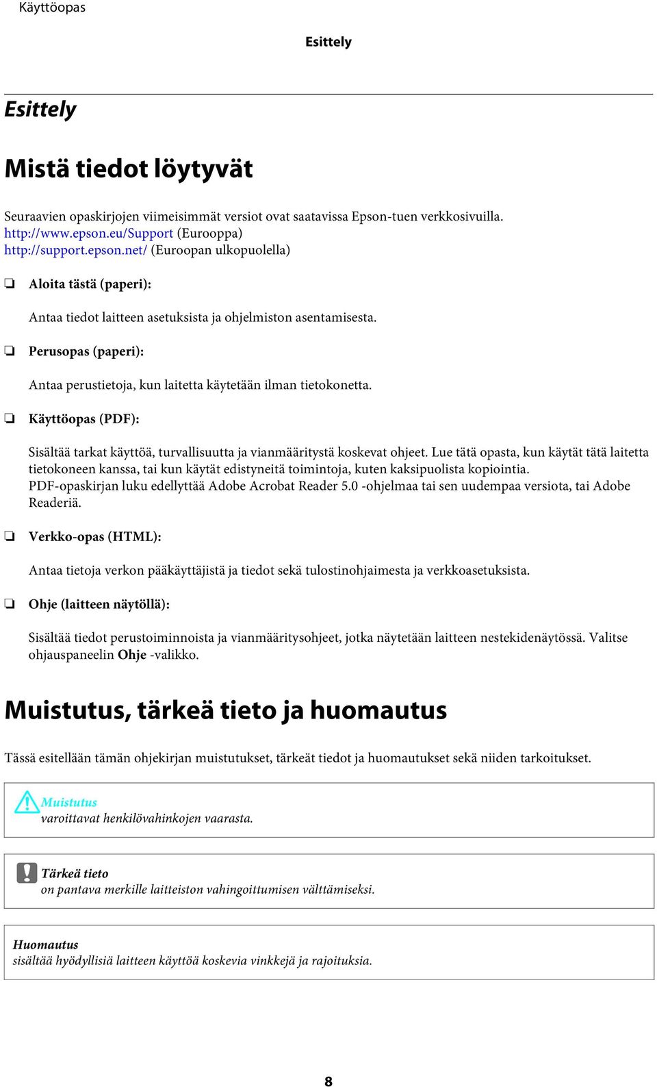 Perusopas (paperi): Antaa perustietoja, kun laitetta käytetään ilman tietokonetta. Käyttöopas (PDF): Sisältää tarkat käyttöä, turvallisuutta ja vianmääritystä koskevat ohjeet.