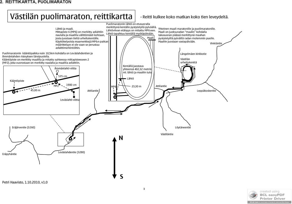 Käyttökelpoisia maamerkkejä MP6:n paikan määrittelyyn ei ole vaan se perustuu asfalttimerkintöihin. Puolimaratonin lähtö on etusuoralla merkittynä kentälle pystytetyllä pylväällä.