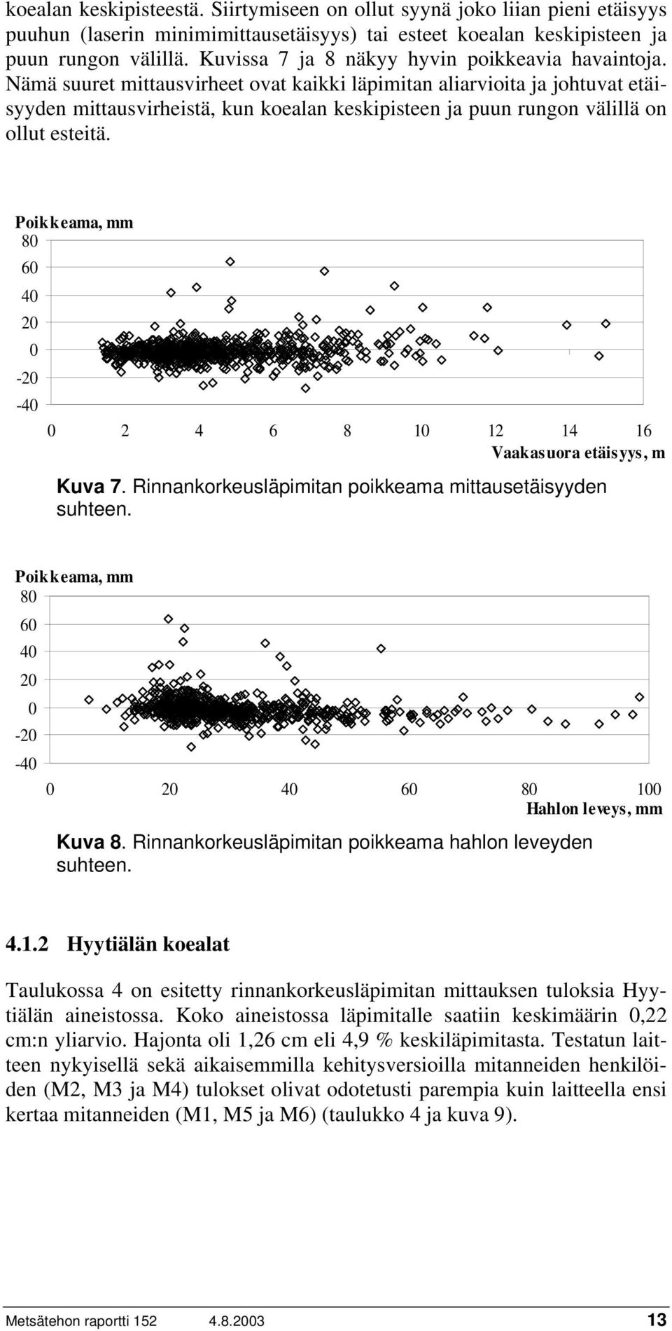 Nämä suuret mittausvirheet ovat kaikki läpimitan aliarvioita ja johtuvat etäisyyden mittausvirheistä, kun koealan keskipisteen ja puun rungon välillä on ollut esteitä.