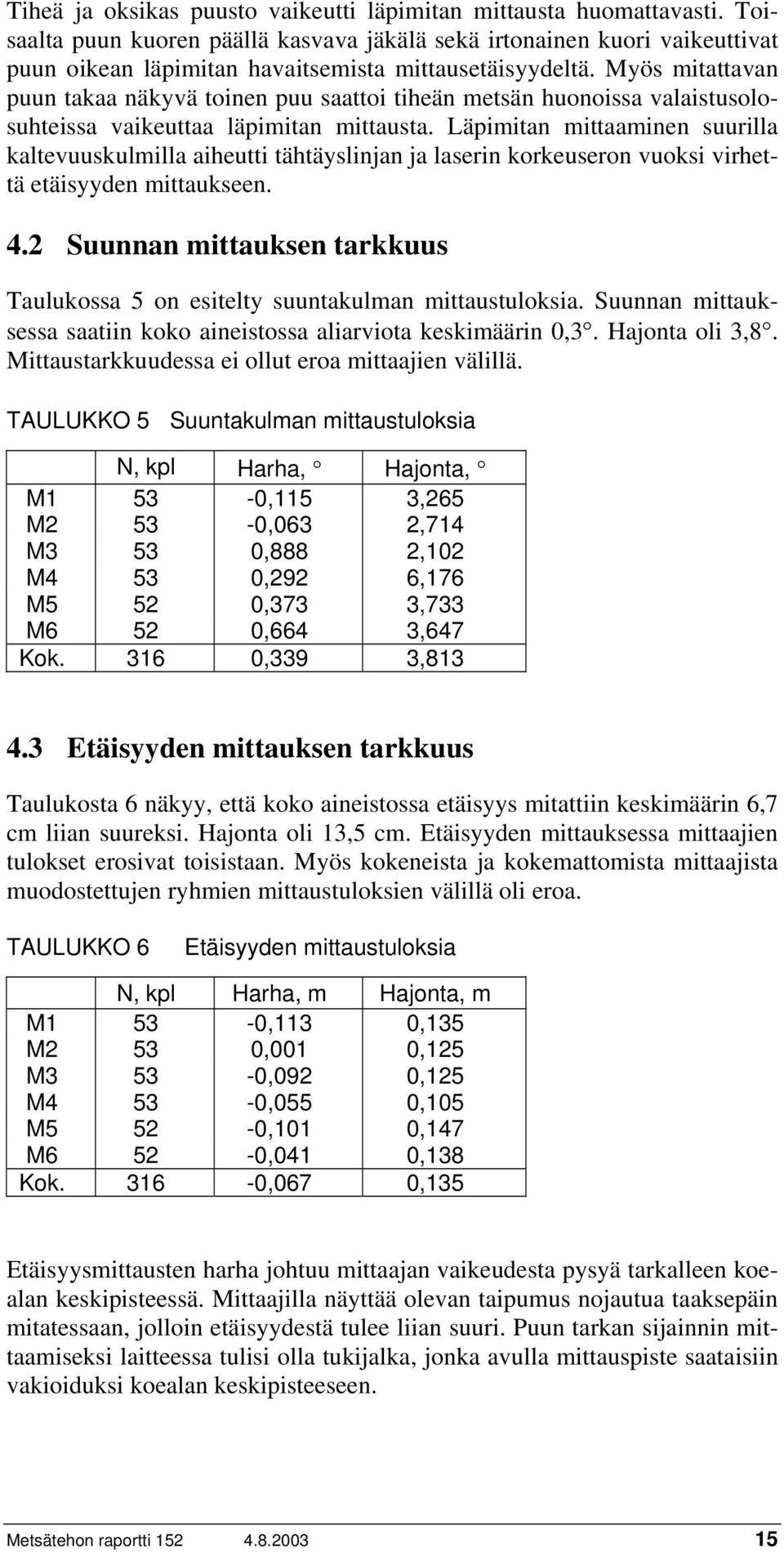 Myös mitattavan puun takaa näkyvä toinen puu saattoi tiheän metsän huonoissa valaistusolosuhteissa vaikeuttaa läpimitan mittausta.