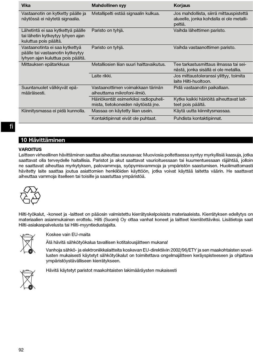 Paristo on tyhjä. Jos mahdollista, siirrä mittauspistettä alueelle, jonka kohdalla ei ole metallipeltiä. Vaihda lähettimen paristo. Vaihda vastaanottimen paristo.