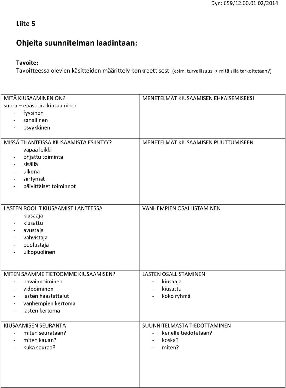 - vapaa leikki - ohjattu toiminta - sisällä - ulkona - siirtymät - päivittäiset toiminnot MENETELMÄT KIUSAAMISEN EHKÄISEMISEKSI MENETELMÄT KIUSAAMISEN PUUTTUMISEEN LASTEN ROOLIT KIUSAAMISTILANTEESSA