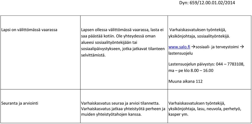 Varhaiskasvatuksen työntekijä, yksikönjohtaja, sosiaalityöntekijä. www.salo.