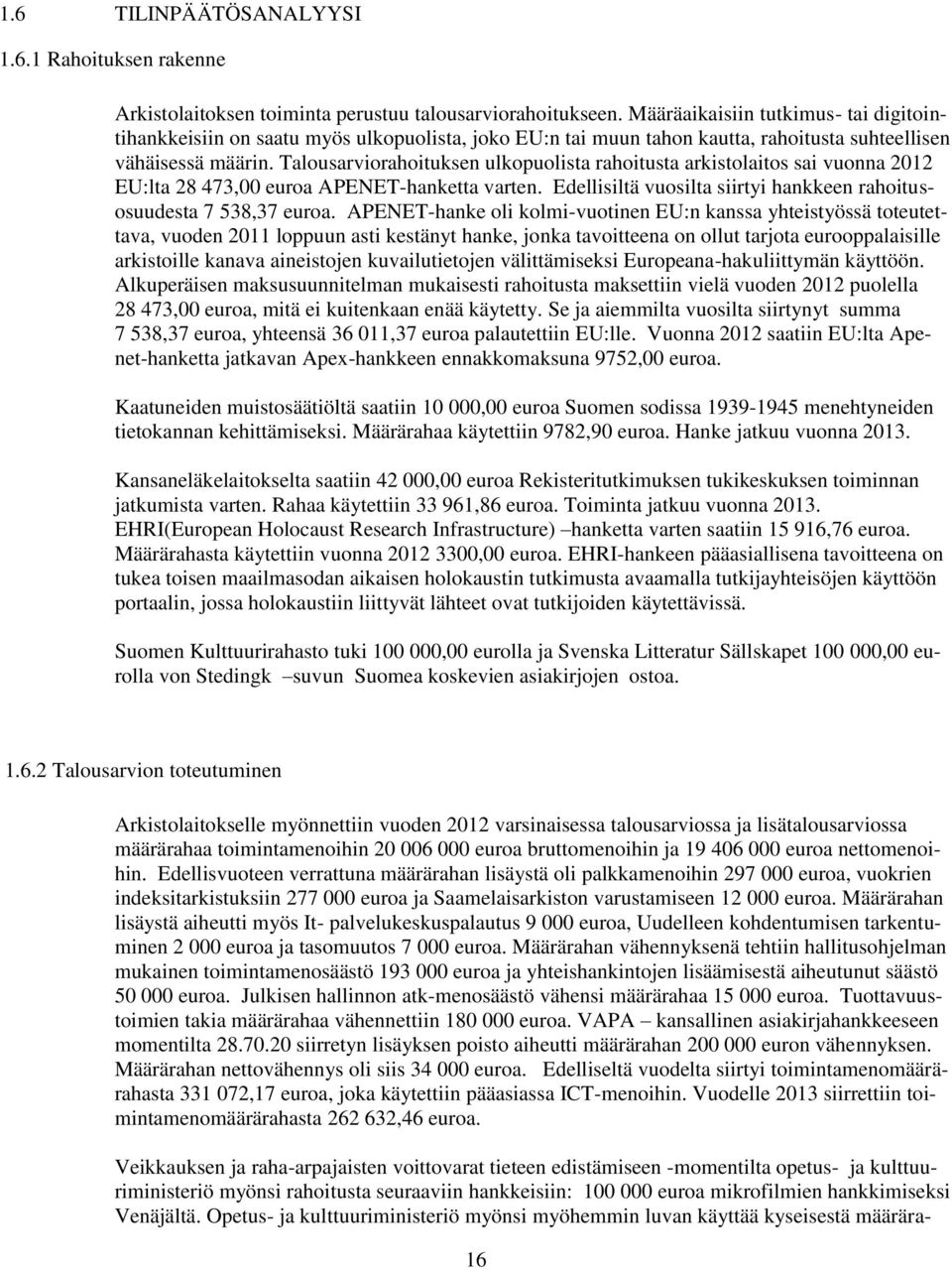 Talousarviorahoituksen ulkopuolista rahoitusta arkistolaitos sai vuonna 2012 EU:lta 28 473,00 euroa APENEThanketta varten. Edellisiltä vuosilta siirtyi hankkeen rahoitusosuudesta 7 538,37 euroa.