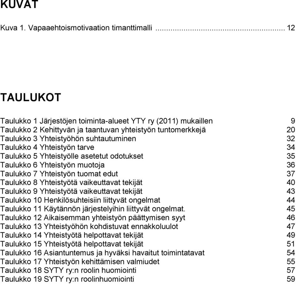 Yhteistyön tarve 34 Taulukko 5 Yhteistyölle asetetut odotukset 35 Taulukko 6 Yhteistyön muotoja 36 Taulukko 7 Yhteistyön tuomat edut 37 Taulukko 8 Yhteistyötä vaikeuttavat tekijät 40 Taulukko 9