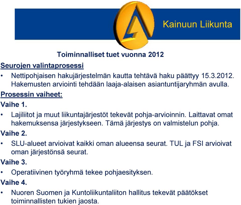 Lajiliitot ja muut liikuntajärjestöt tekevät pohja-arvioinnin. Laittavat omat hakemuksensa järjestykseen. Tämä järjestys on valmistelun pohja.