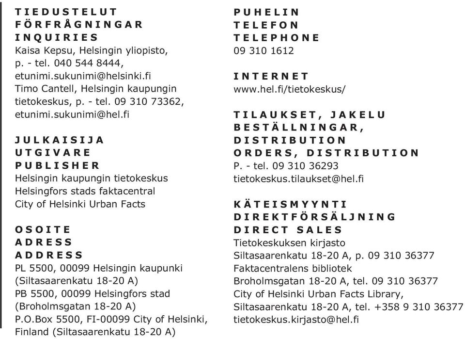 fi JULKAISIJA UTGIVARE PUBLISHER Helsingin kaupungin tietokeskus Helsingfors stads faktacentral City of Helsinki Urban Facts OSOITE ADRESS ADDRESS PL 5500, 00099 Helsingin kaupunki (Siltasaarenkatu