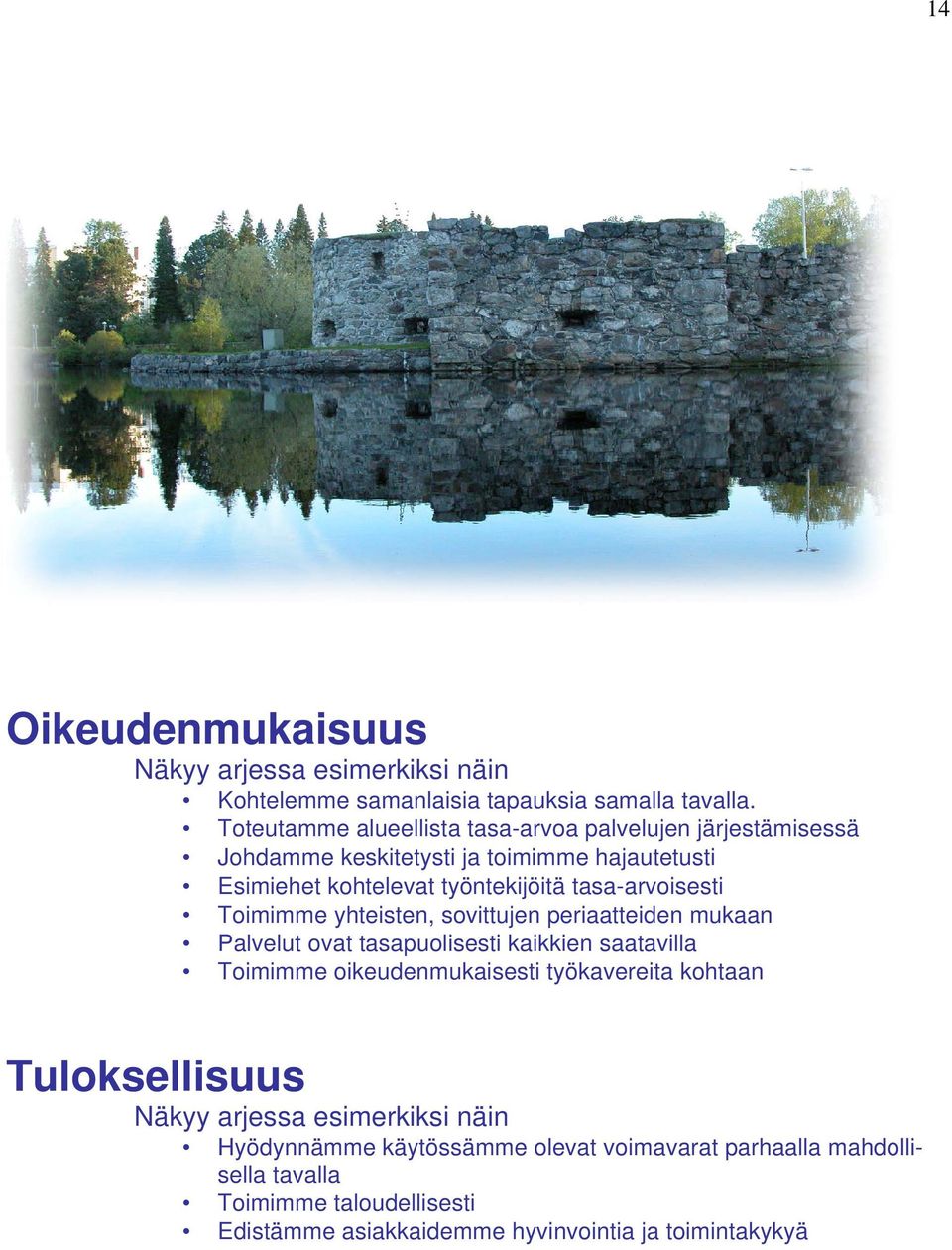 tasa-arvoisesti Toimimme yhteisten, sovittujen periaatteiden mukaan Palvelut ovat tasapuolisesti kaikkien saatavilla Toimimme oikeudenmukaisesti