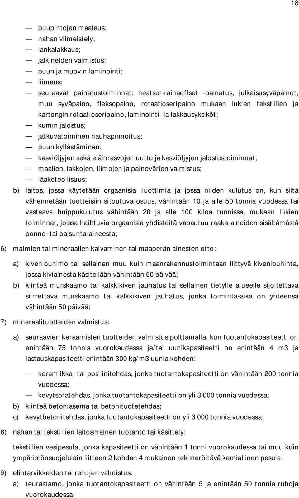 kasviöljyjen sekä eläinrasvojen uutto ja kasviöljyjen jalostustoiminnat; maalien, lakkojen, liimojen ja painovärien valmistus; lääketeollisuus; b) laitos, jossa käytetään orgaanisia liuottimia ja