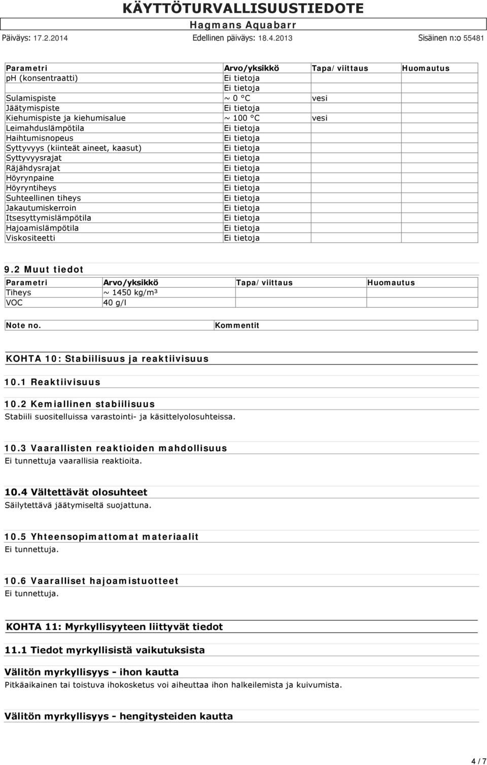 2 Muut tiedot Parametri Arvo/yksikkö Tapa/viittaus Huomautus Tiheys ~ 1450 kg/m³ VOC 40 g/l Note no. Kommentit KOHTA 10: Stabiilisuus ja reaktiivisuus 10.1 Reaktiivisuus 10.