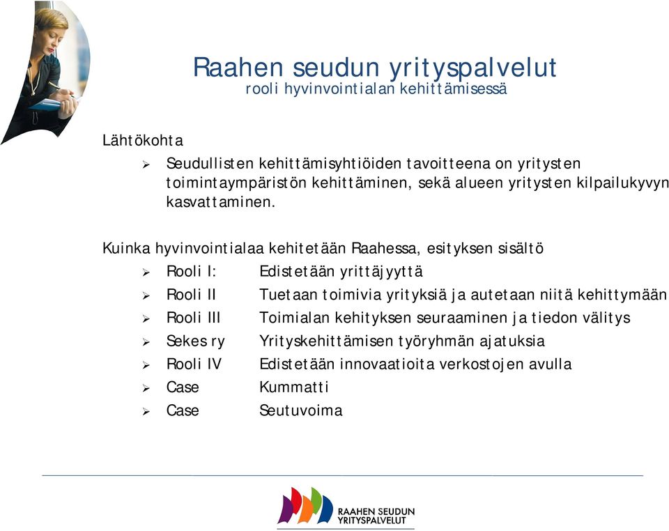 Kuinka hyvinvointialaa kehitetään Raahessa, esityksen sisältö Rooli I: Edistetään yrittäjyyttä Rooli II Tuetaan toimivia yrityksiä ja autetaan