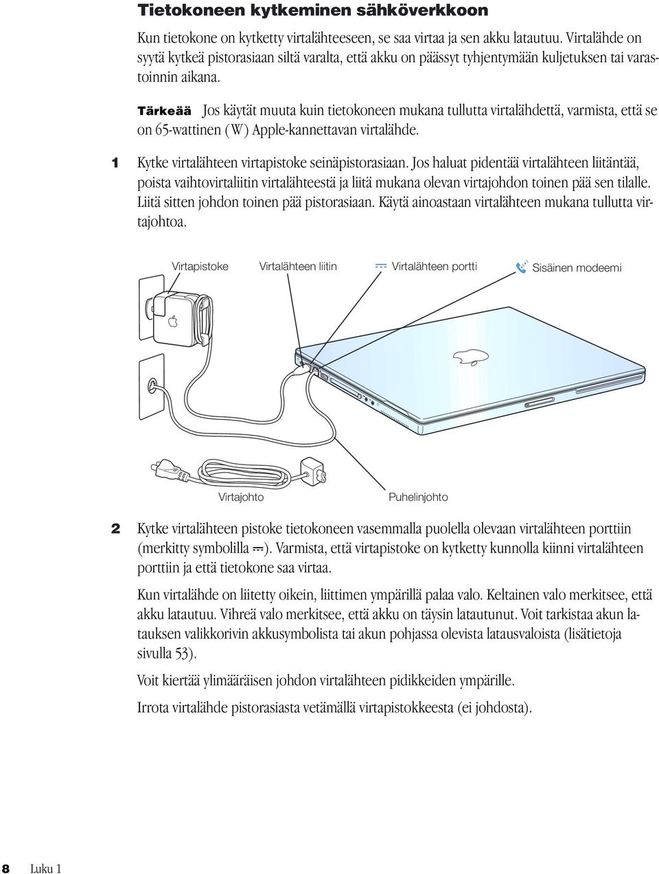 Tärkeää Jos käytät muuta kuin tietokoneen mukana tullutta virtalähdettä, varmista, että se on 65-wattinen ( W ) Apple-kannettavan virtalähde. 1 Kytke virtalähteen virtapistoke seinäpistorasiaan.