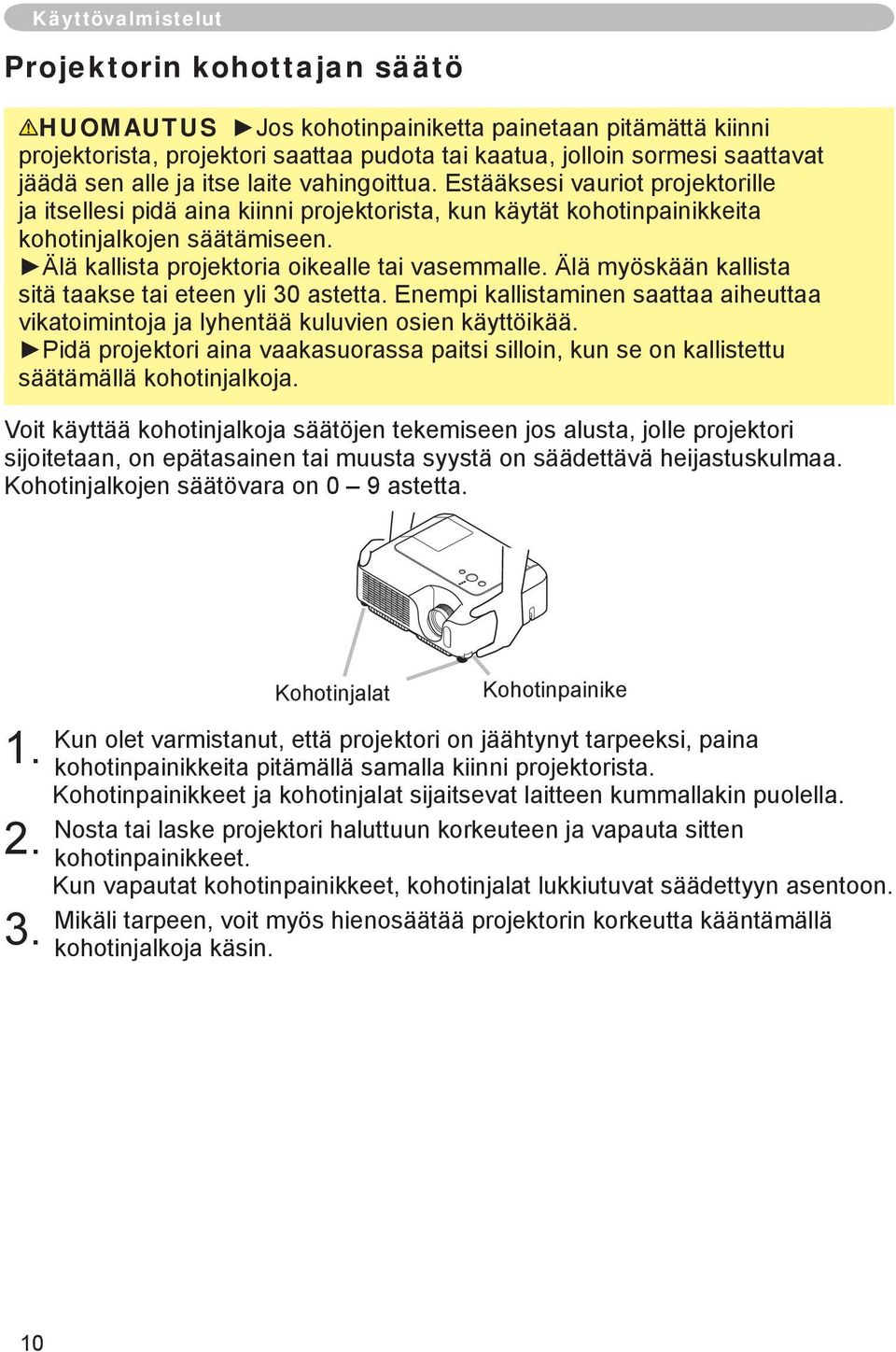 Älä kallista projektoria oikealle tai vasemmalle. Älä myöskään kallista sitä taakse tai eteen yli 30 astetta.