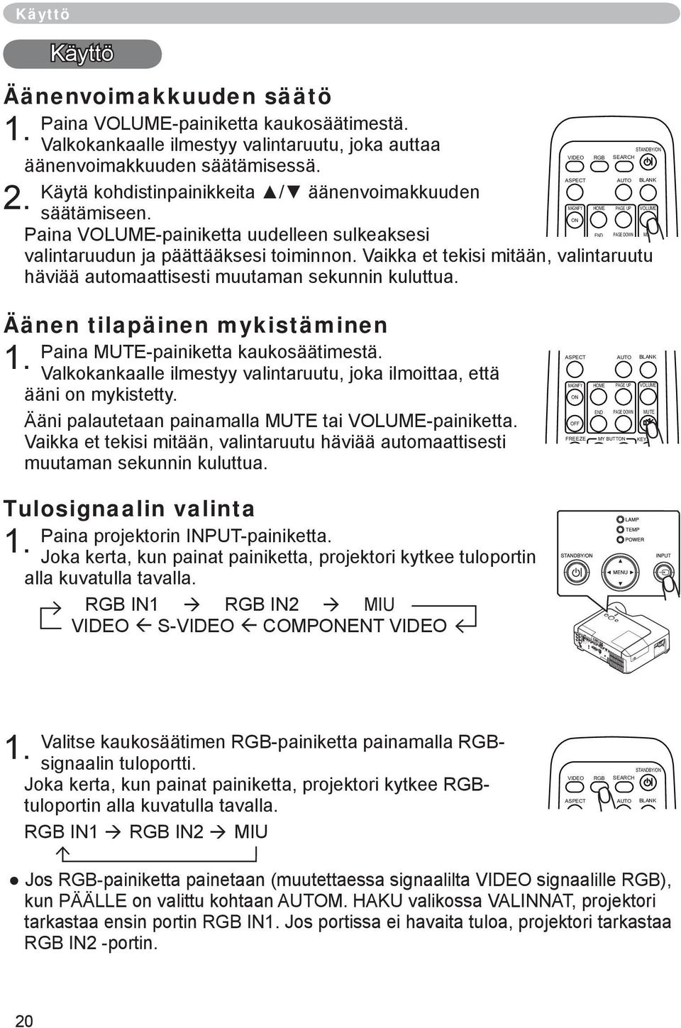 ASPECT AUTO BLANK MAGNIFY HOME PAGE UP VOLUME säätämiseen. ON END PAGE DOWN MUTE Paina VOLUME-painiketta uudelleen sulkeaksesi valintaruudun ja päättääksesi toiminnon.