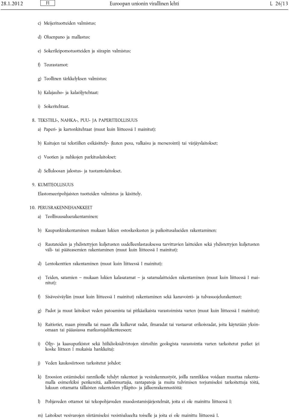 TEKSTIILI-, NAHKA-, PUU- JA PAPERITEOLLISUUS a) Paperi- ja kartonkitehtaat (muut kuin liitteessä I mainitut); b) Kuitujen tai tekstiilien esikäsittely- (kuten pesu, valkaisu ja merserointi) tai