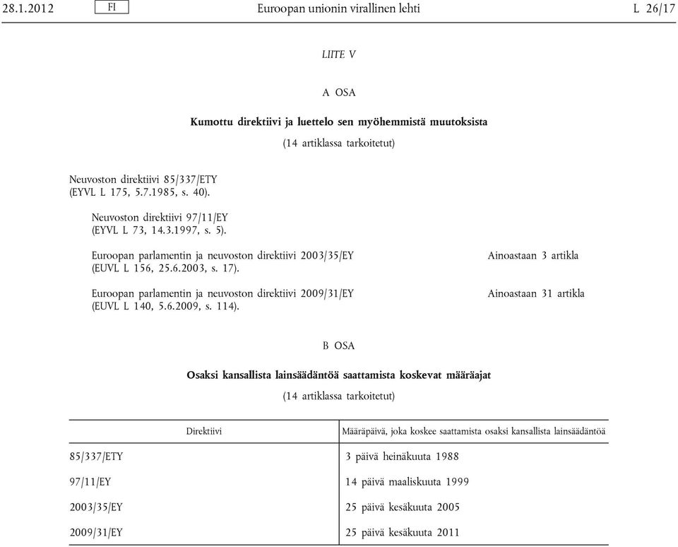 Euroopan parlamentin ja neuvoston direktiivi 2009/31/EY (EUVL L 140, 5.6.2009, s. 114).