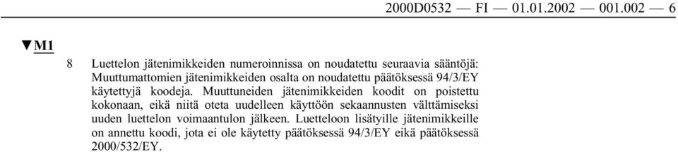 on noudatettu päätöksessä 94/3/EY käytettyjä koodeja.