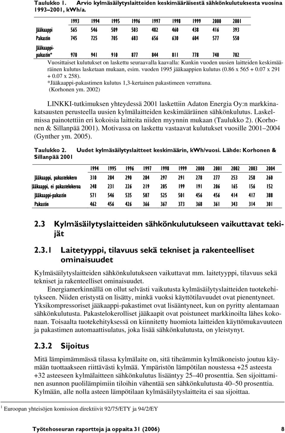 Vuosittaiset kulutukset on laskettu seuraavalla kaavalla: Kunkin vuoden uusien laitteiden keskimääräinen kulutus lasketaan mukaan, esim. vuoden 1995 jääkaappien kulutus (0.86 x 565 + 0.07 x 291 + 0.