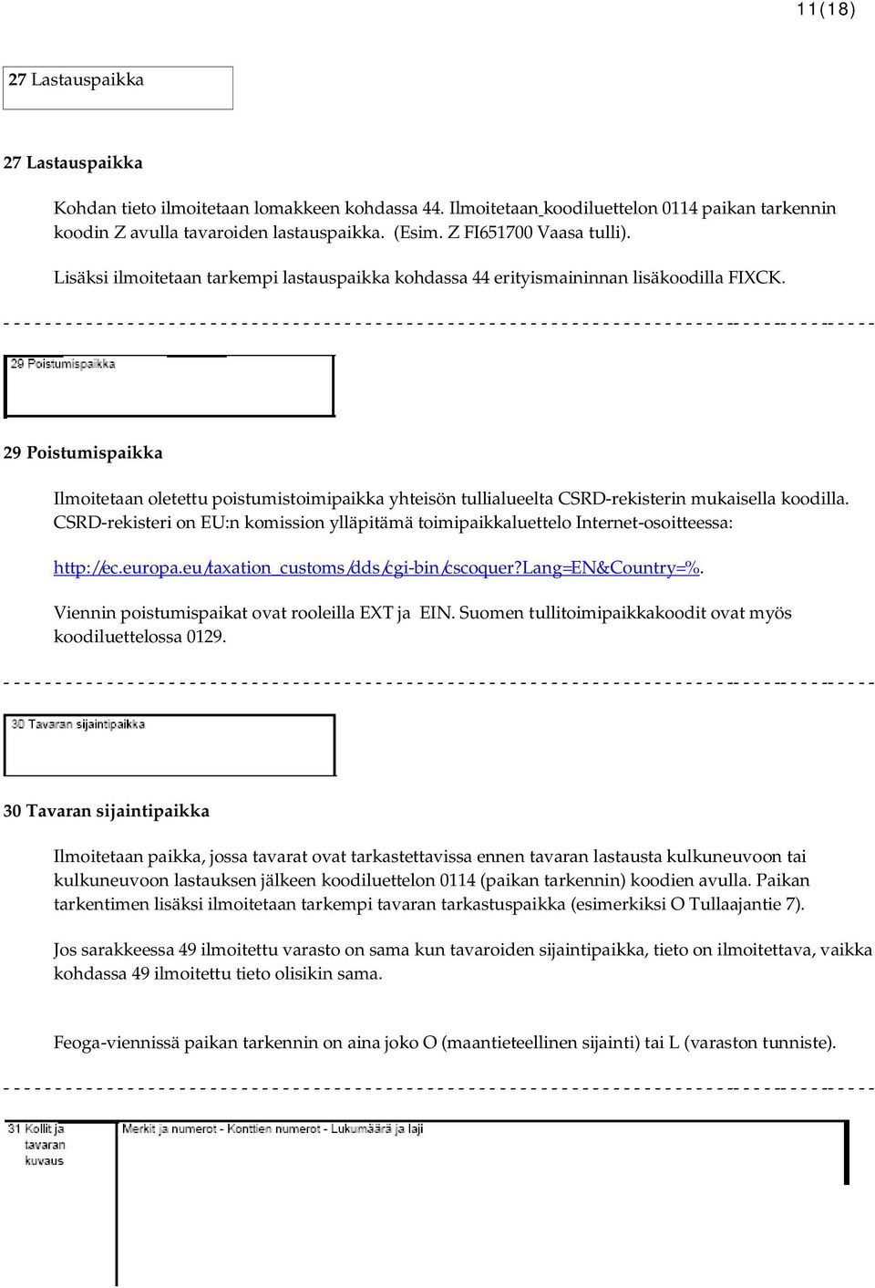 29 Poistumispaikka Ilmoitetaan oletettu poistumistoimipaikka yhteisön tullialueelta CSRD-rekisterin mukaisella koodilla.