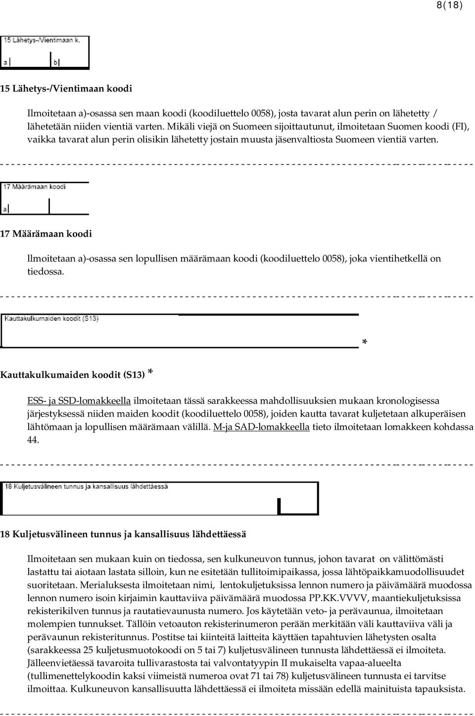 17 Määrämaan koodi llmoitetaan a)-osassa sen lopullisen määrämaan koodi (koodiluettelo 0058), joka vientihetkellä on tiedossa.