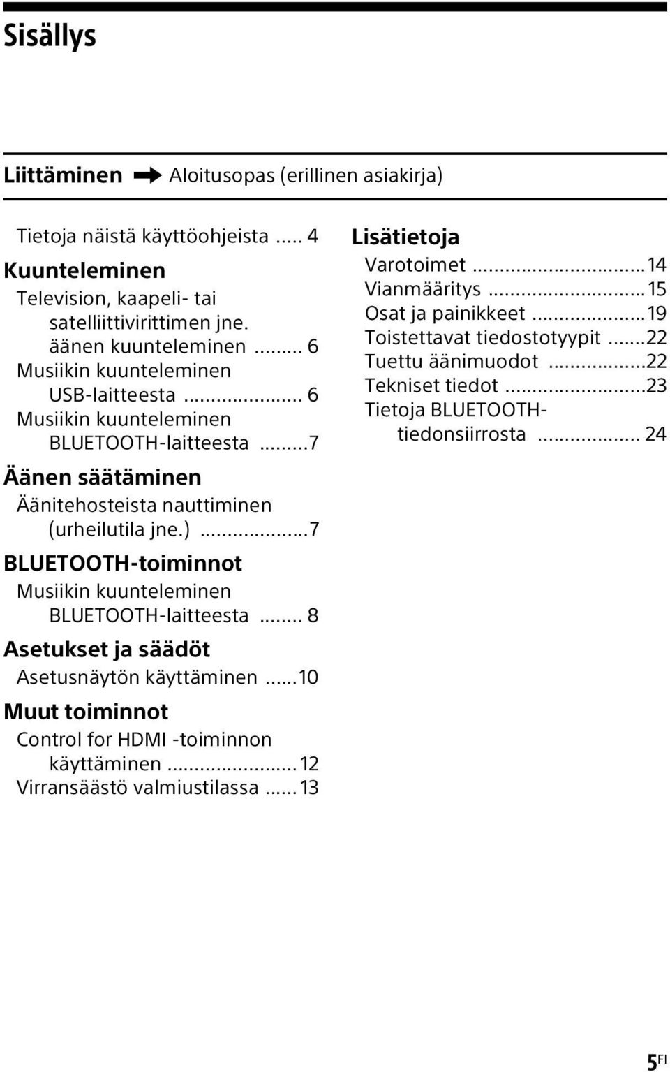 ..7 BLUETOOTH-toiminnot Musiikin kuunteleminen BLUETOOTH-laitteesta... 8 Asetukset ja säädöt Asetusnäytön käyttäminen...10 Muut toiminnot Control for HDMI -toiminnon käyttäminen.