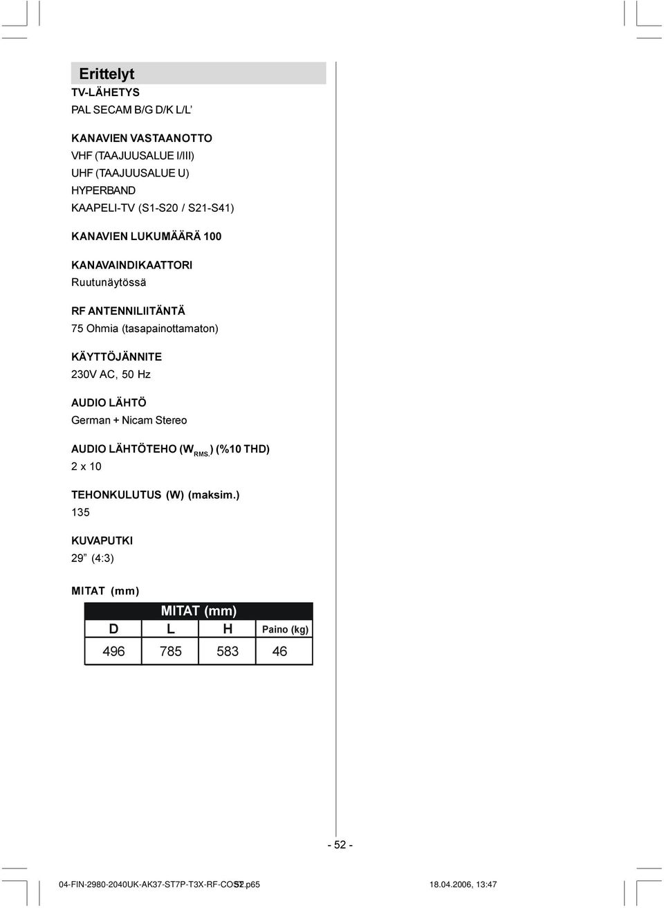 (tasapainottamaton) KÄYTTÖJÄNNITE 230 AC, 50 Hz AUIO LÄHTÖ German + Nicam Stereo AUIO LÄHTÖTEHO (W RMS.