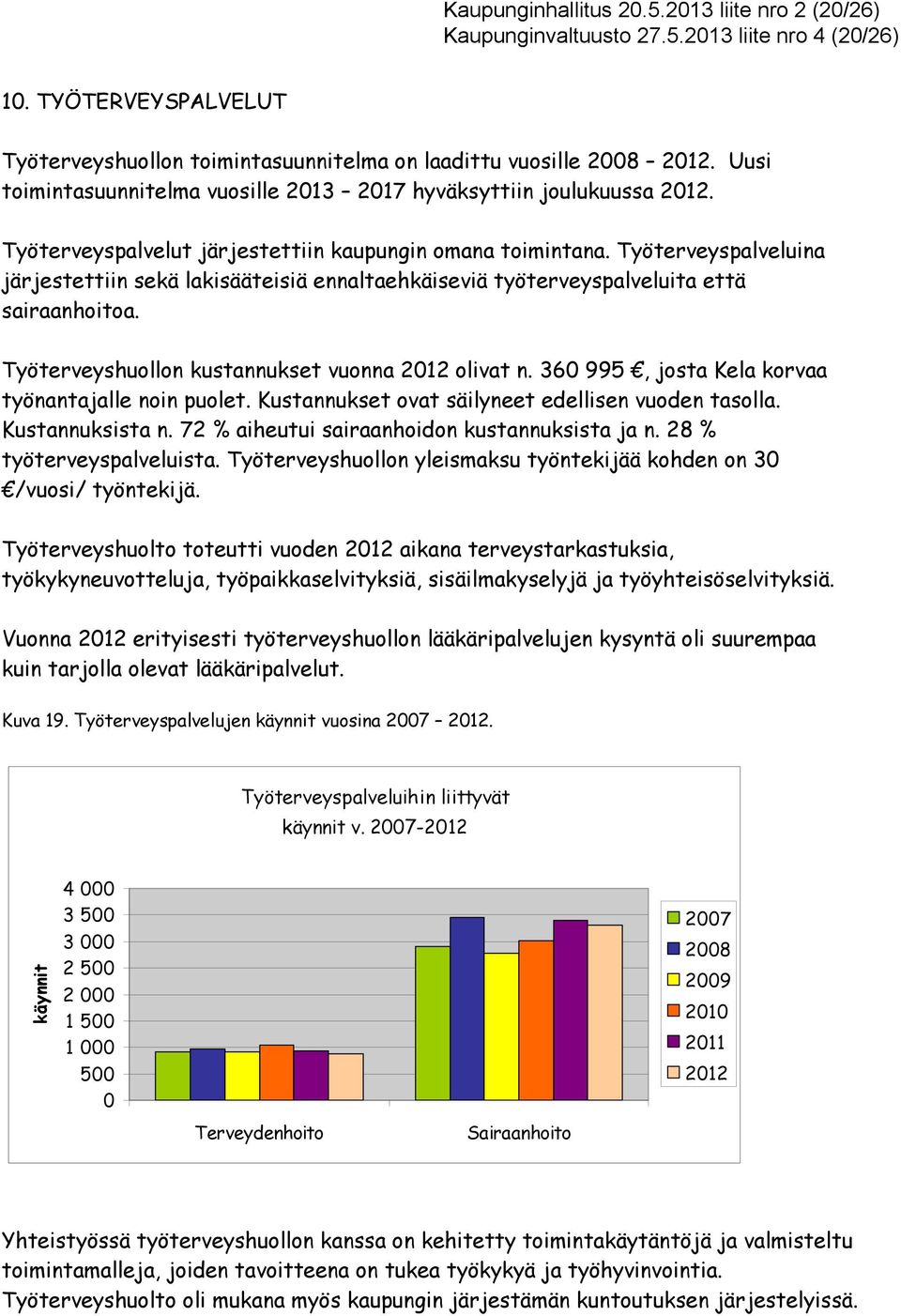 Työterveyspalveluina järjestettiin sekä lakisääteisiä ennaltaehkäiseviä työterveyspalveluita että sairaanhoitoa. Työterveyshuollon kustannukset vuonna 212 olivat n.