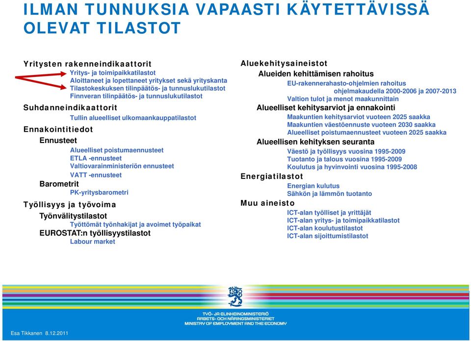 poistumaennusteet ETLA -ennusteet Valtiovarainministeriön ennusteet VATT -ennusteet Barometrit PK-yritysbarometri Työllisyys ja työvoima Työnvälitystilastot Työttömät työnhakijat ja avoimet työpaikat