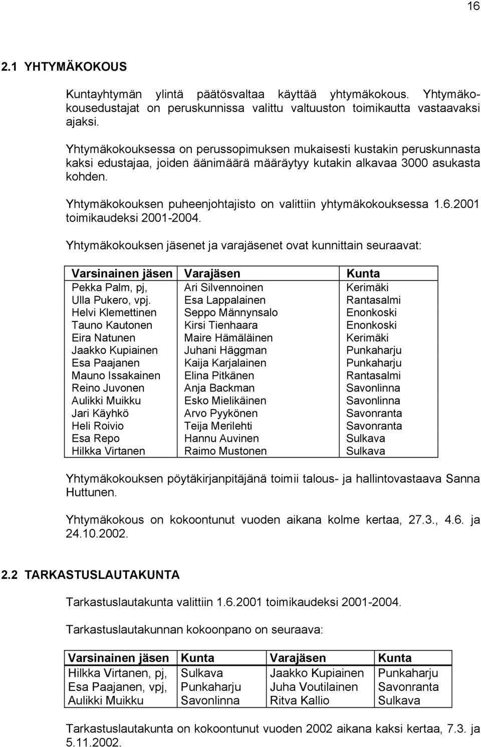 Yhtymäkokouksen puheenjohtajisto on valittiin yhtymäkokouksessa 1.6.2001 toimikaudeksi 2001-2004.