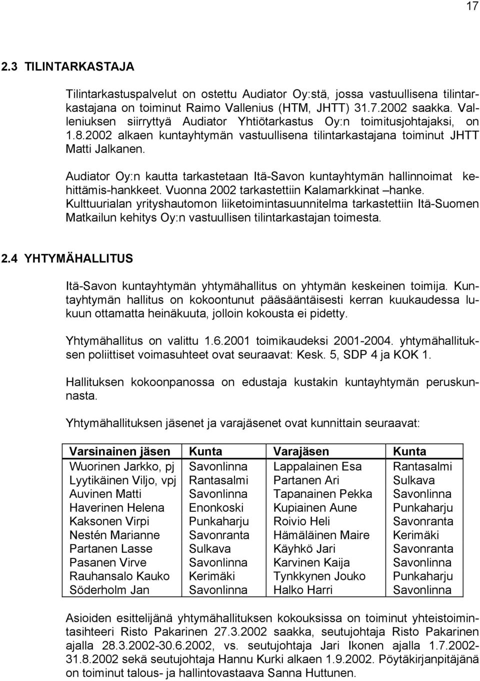 Audiator Oy:n kautta tarkastetaan Itä-Savon kuntayhtymän hallinnoimat kehittämis-hankkeet. Vuonna 2002 tarkastettiin Kalamarkkinat hanke.