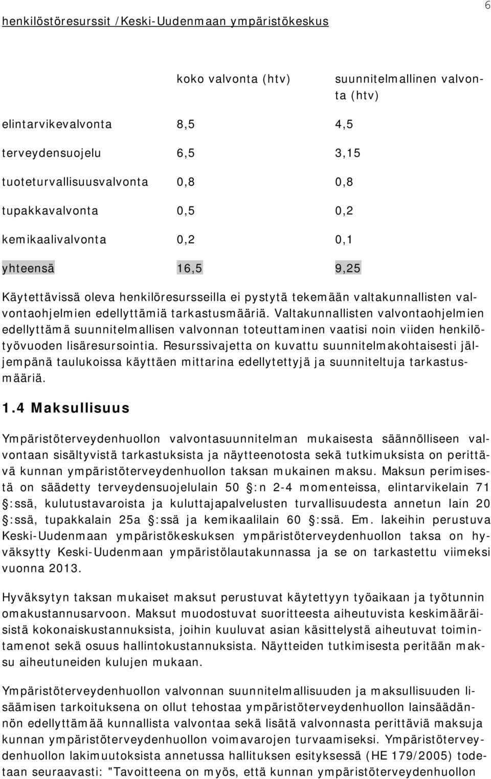 Valtakunnallisten valvontaohjelmien edellyttämä suunnitelmallisen valvonnan toteuttaminen vaatisi noin viiden henkilötyövuoden lisäresursointia.