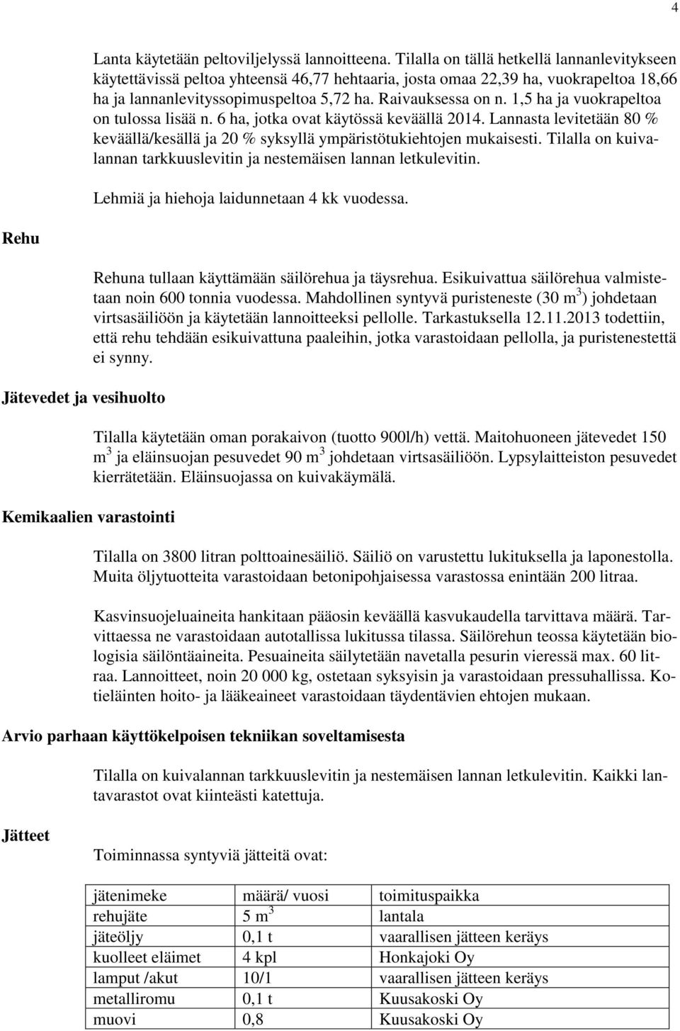 1,5 ha ja vuokrapeltoa on tulossa lisää n. 6 ha, jotka ovat käytössä keväällä 2014. Lannasta levitetään 80 % keväällä/kesällä ja 20 % syksyllä ympäristötukiehtojen mukaisesti.