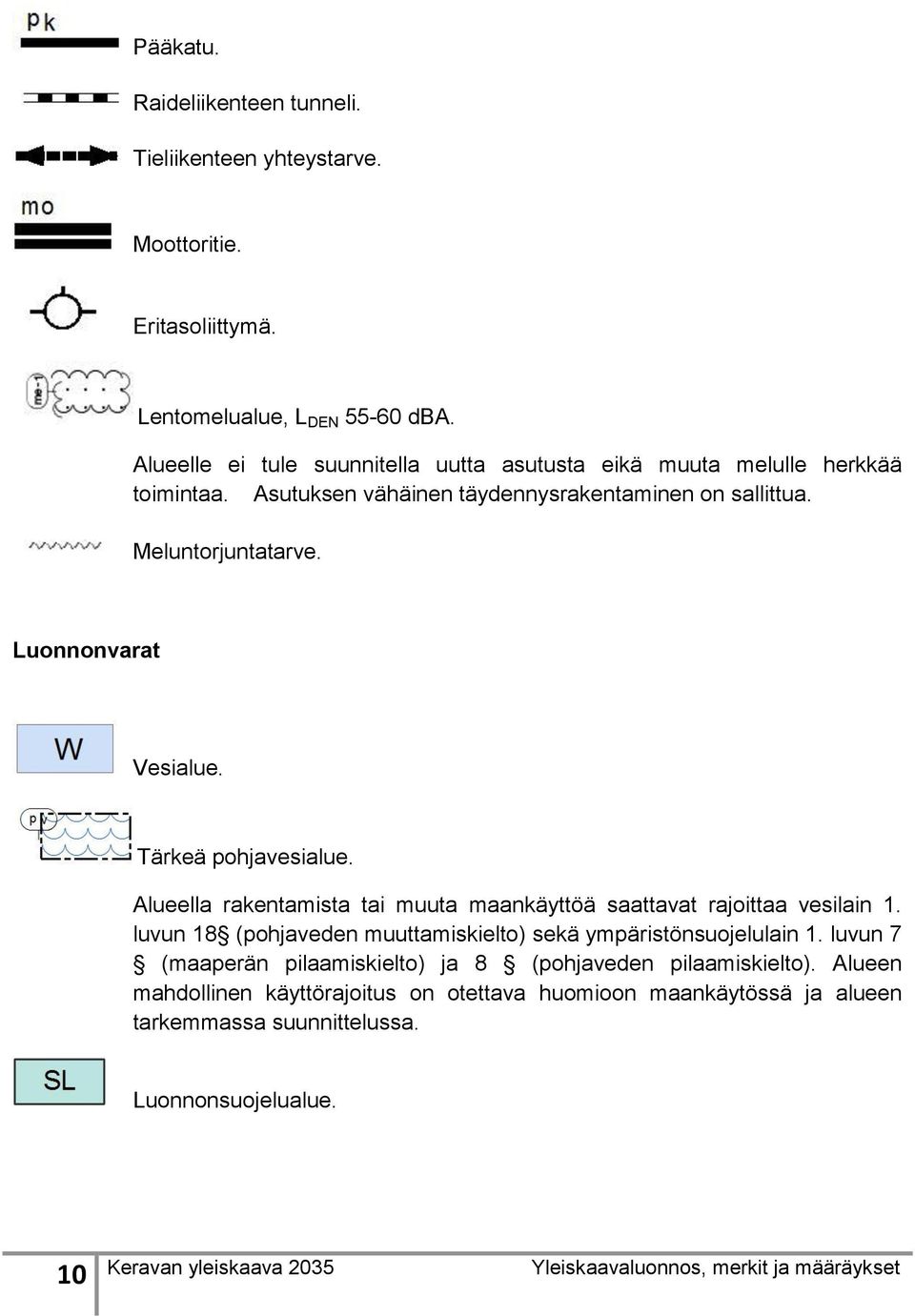 Luonnonvarat Vesialue. Tärkeä pohjavesialue. Alueella rakentamista tai muuta maankäyttöä saattavat rajoittaa vesilain 1.