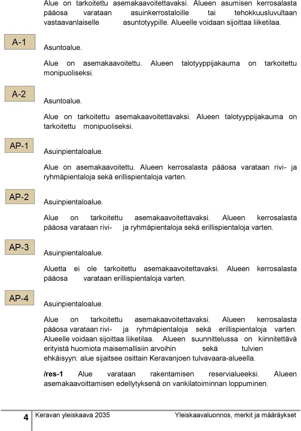 Alueen talotyyppijakauma on tarkoitettu monipuoliseksi. Asuinpientaloalue. Alue on asemakaavoitettu. Alueen kerrosalasta pääosa varataan rivi- ja ryhmäpientaloja sekä erillispientaloja varten.