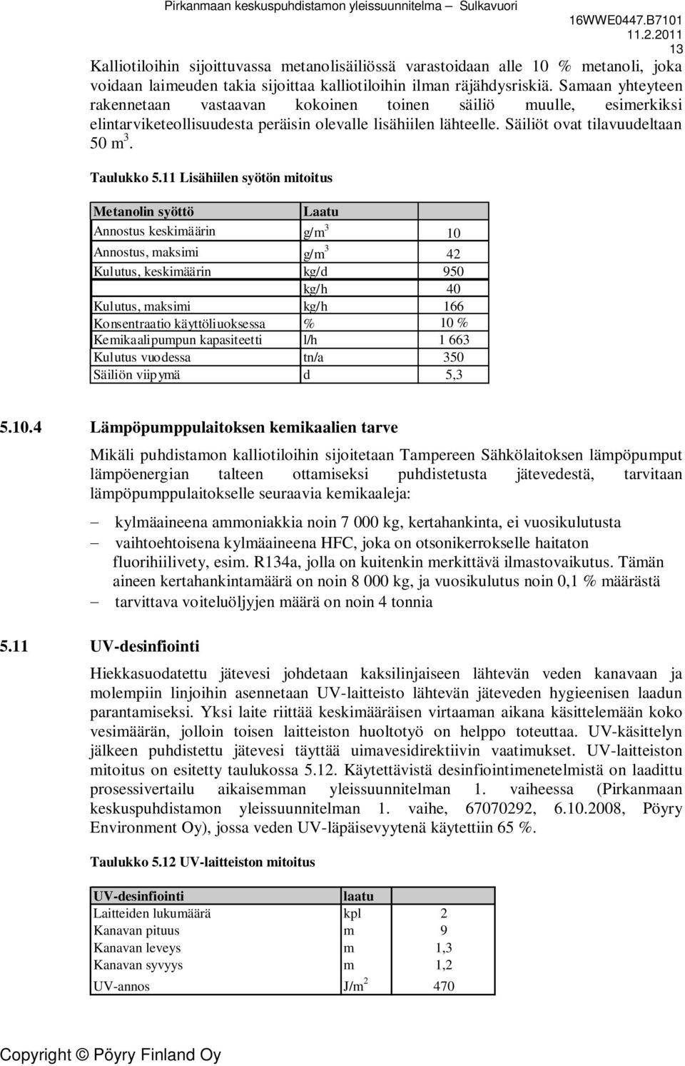 11 Lisähiilen syötön mitoitus Metanolin syöttö Laatu Annostus keskimäärin g/m 3 10 Annostus, maksimi g/m 3 42 Kulutus, keskimäärin kg/d 950 kg/h 40 Kulutus, maksimi kg/h 166 Konsentraatio