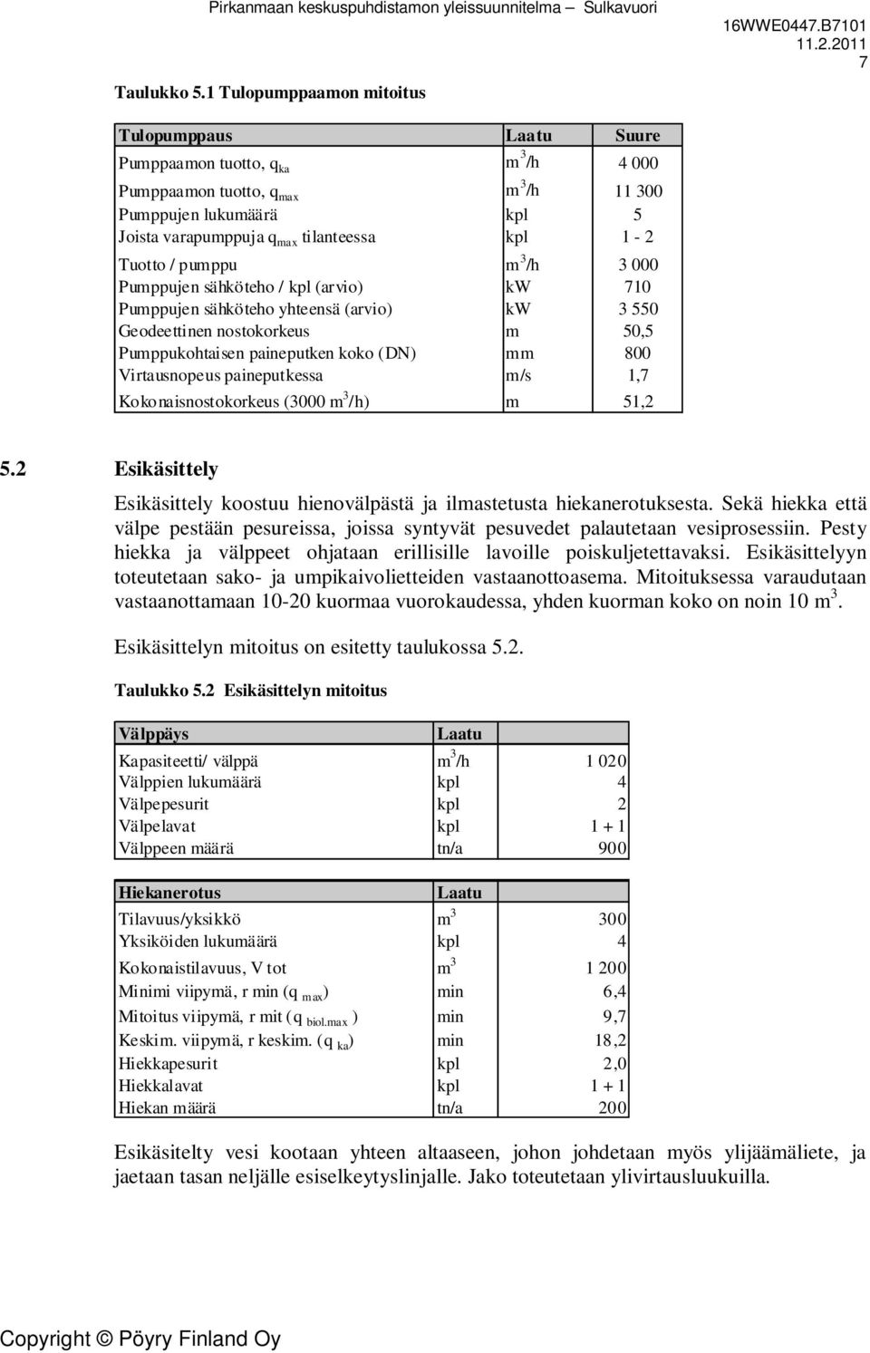 1-2 Tuotto / pumppu m 3 /h 3 000 Pumppujen sähköteho / kpl (arvio) kw 710 Pumppujen sähköteho yhteensä (arvio) kw 3 550 Geodeettinen nostokorkeus m 50,5 Pumppukohtaisen paineputken koko (DN) mm 800