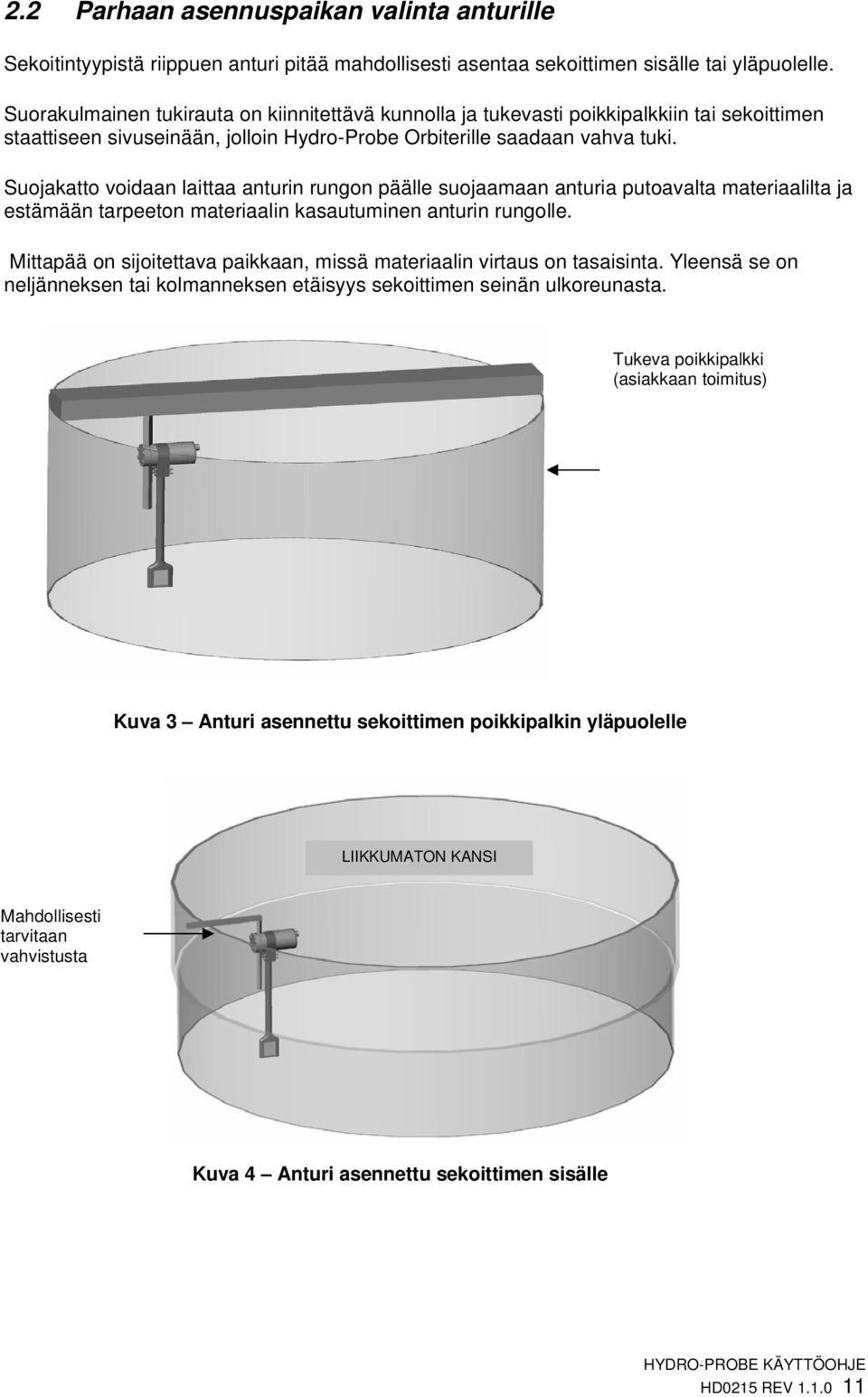 Suojakatto voidaan laittaa anturin rungon päälle suojaamaan anturia putoavalta materiaalilta ja estämään tarpeeton materiaalin kasautuminen anturin rungolle.