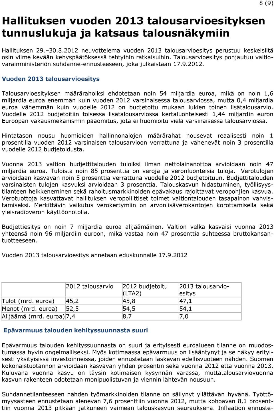 Talousarvioesitys pohjautuu valtiovarainministeriön suhdanne-ennusteeseen, joka julkaistaan 17.9.2012.