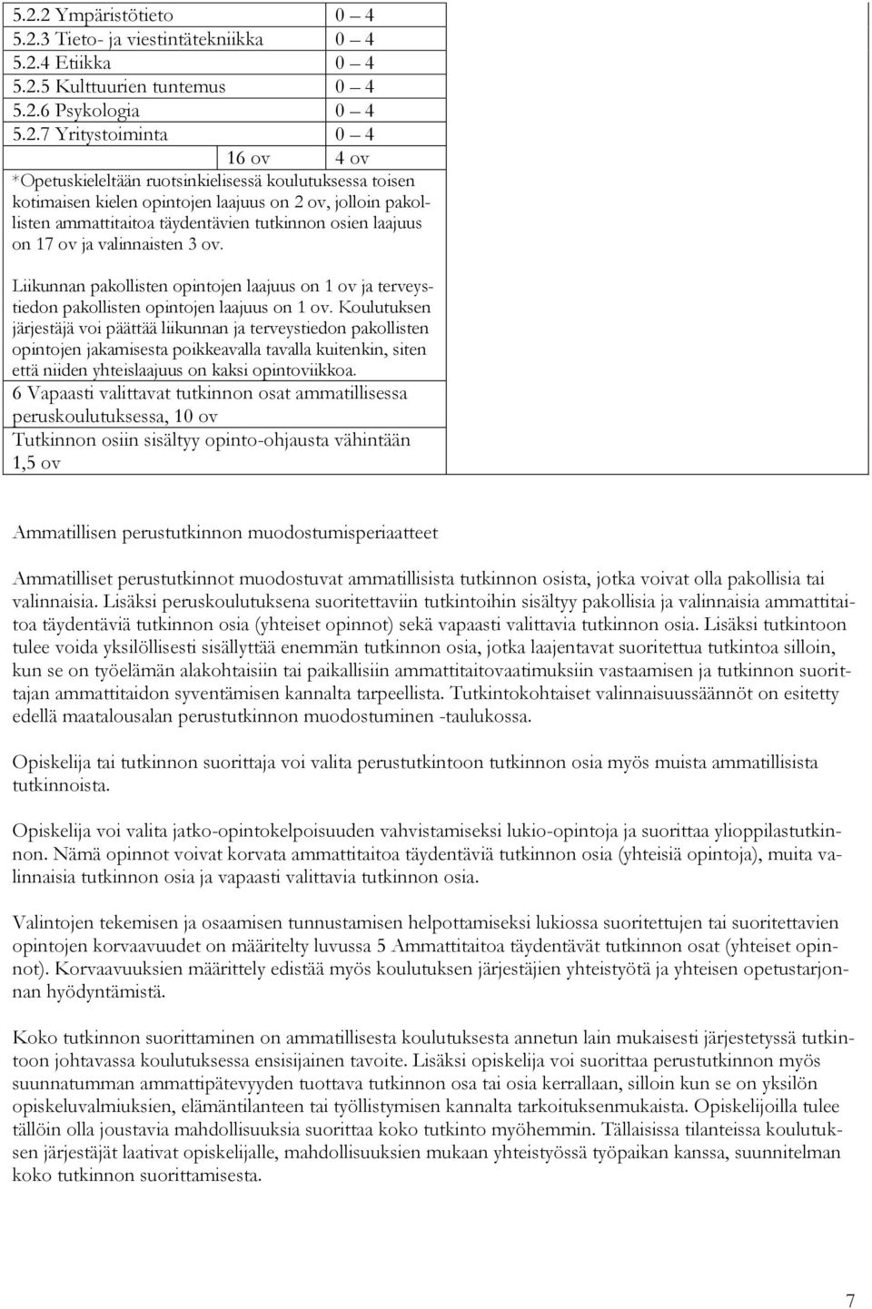 Liikunnan pakollisten opintojen laajuus on 1 ov ja terveystiedon pakollisten opintojen laajuus on 1 ov.