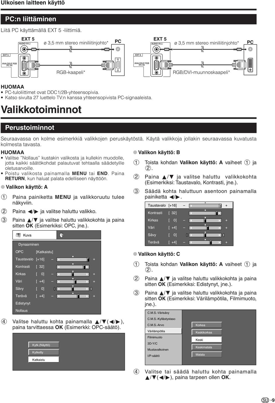 Katso sivulta 27 luettelo V:n kanssa yhteensopivista PC-signaaleista. Valikkotoiminnot Perustoiminnot Seuraavassa on kolme esimerkkiä valikkojen peruskäytöstä.