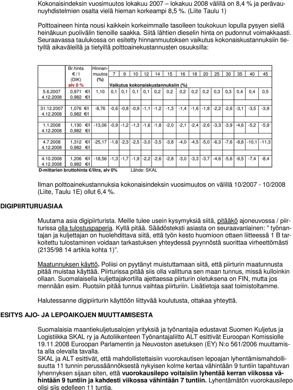 Seuraavassa taulukossa on esitetty hinnanmuutoksen vaikutus kokonaiskustannuksiin tietyillä aikaväleillä ja tietyillä polttoainekustannusten osuuksilla: Br.