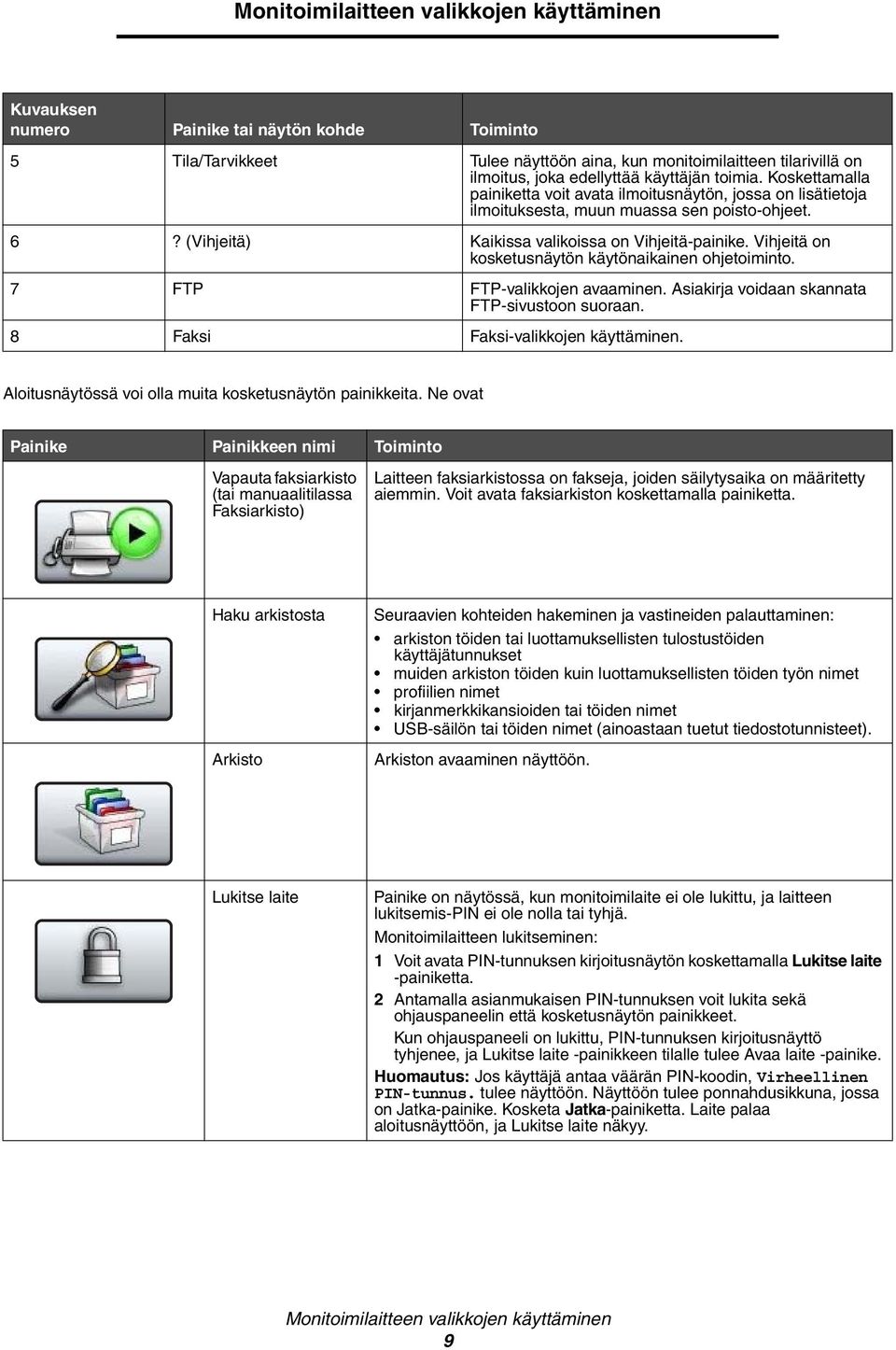 Vihjeitä on kosketusnäytön käytönaikainen ohjetoiminto. 7 FTP FTP-valikkojen avaaminen. Asiakirja voidaan skannata FTP-sivustoon suoraan. 8 Faksi Faksi-valikkojen käyttäminen.
