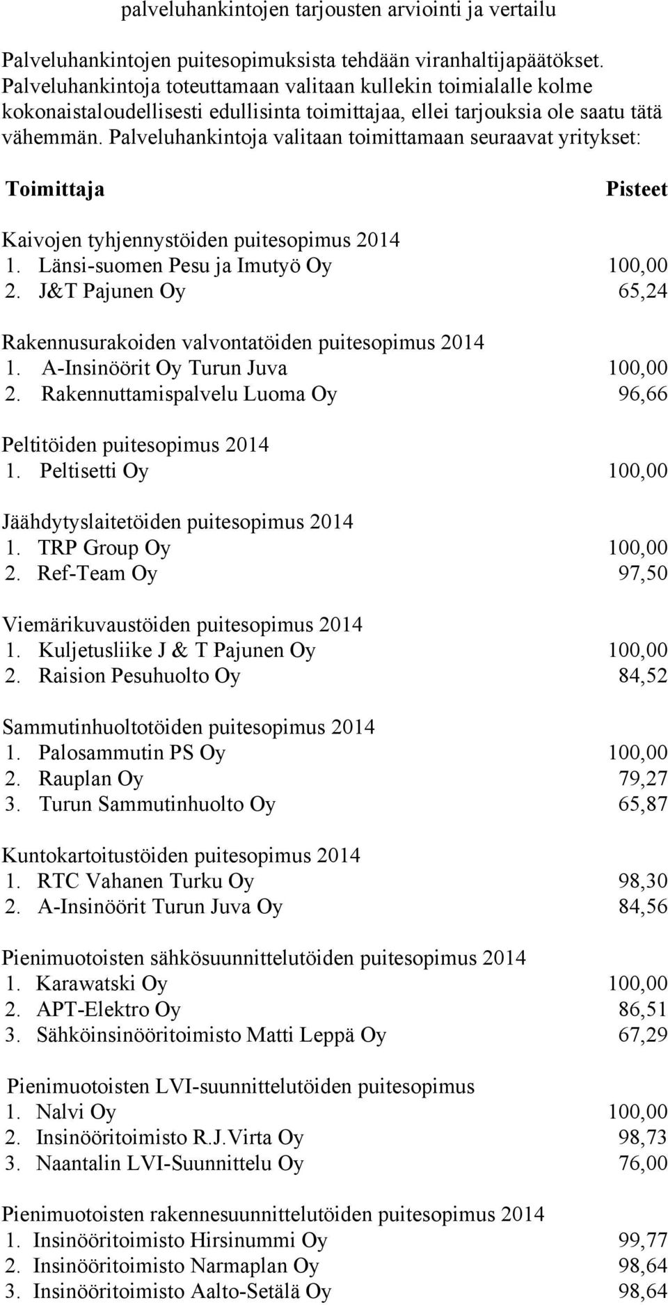 Palveluhankintoja valitaan toimittamaan seuraavat yritykset: Toimittaja Pisteet Kaivojen tyhjennystöiden puitesopimus 2014 1. Länsi-suomen Pesu ja Imutyö Oy 100,00 2.