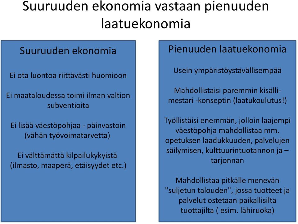 ) Pienuuden laatueknmia Usein ympäristöystävällisempää Mahdllistaisi paremmin kisällimestari -knseptin (laatukulutus!