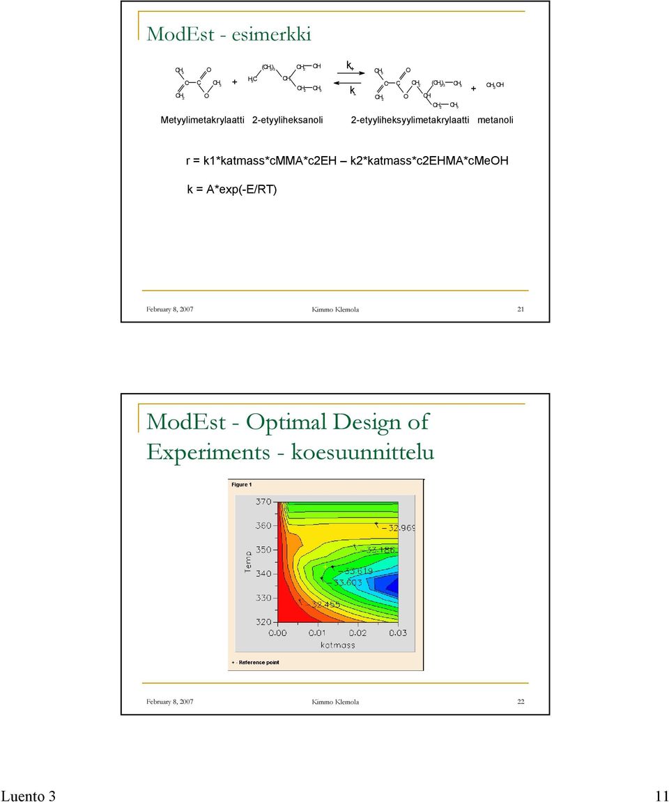 2-etyyliheksyylimetakrylaatti metanoli r = k1*katmass*cmma*c2eh k2*katmass*c2ehma*cmeoh k = A*exp(-E/RT)